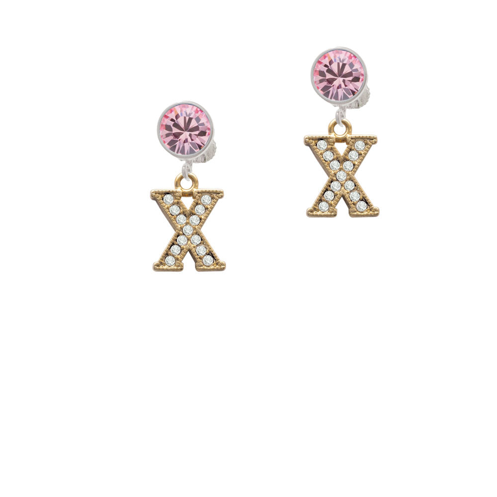 Crystal Gold Tone Initial - X - Beaded Border - Crystal Clip On Earrings Image 4