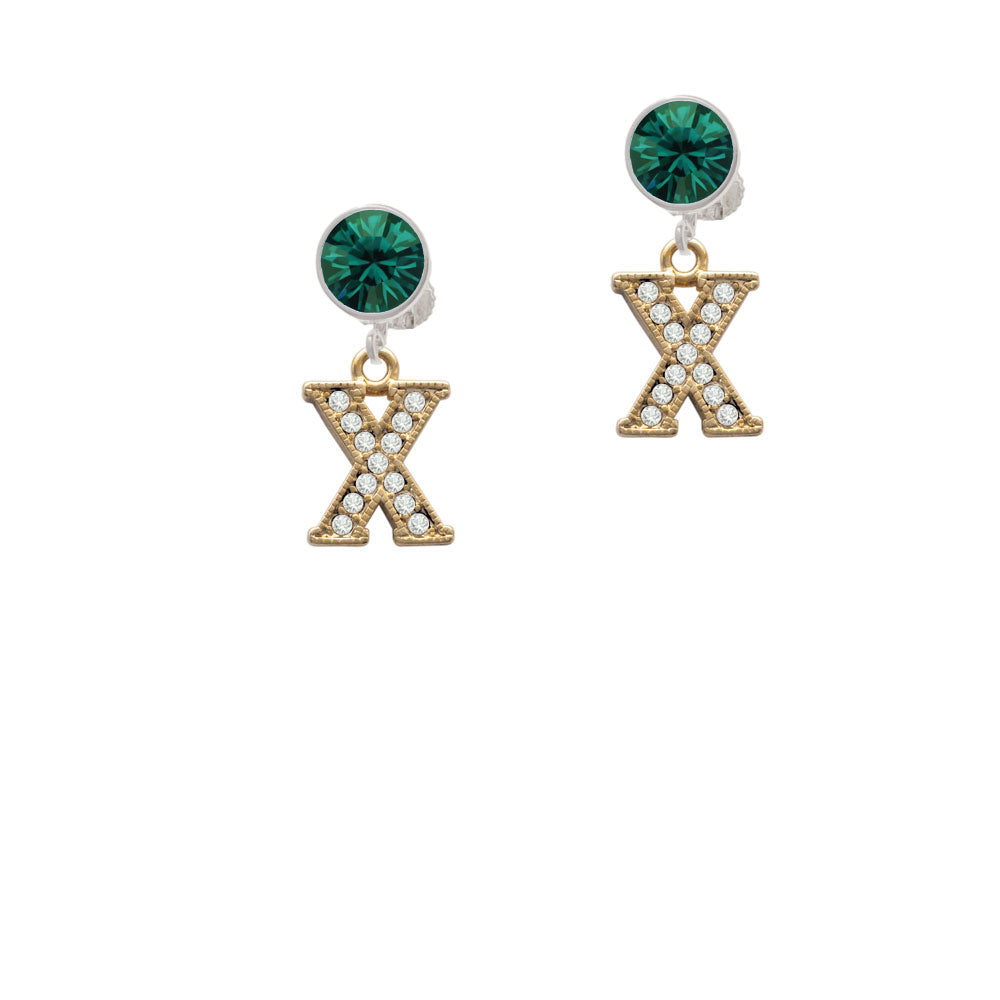 Crystal Gold Tone Initial - X - Beaded Border - Crystal Clip On Earrings Image 6