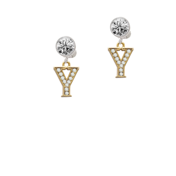 Crystal Gold Tone Initial - Y - Beaded Border - Crystal Clip On Earrings Image 2