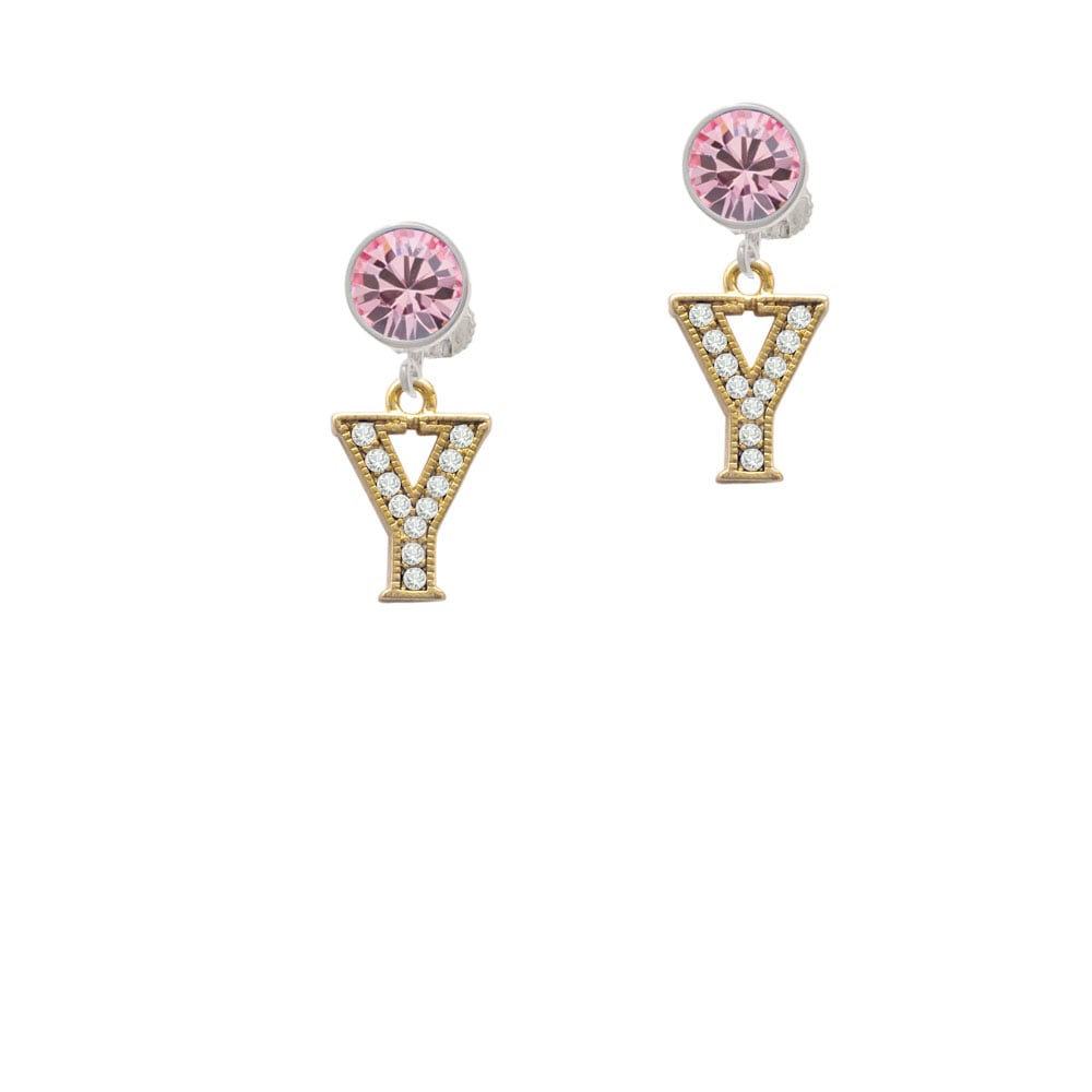 Crystal Gold Tone Initial - Y - Beaded Border - Crystal Clip On Earrings Image 4