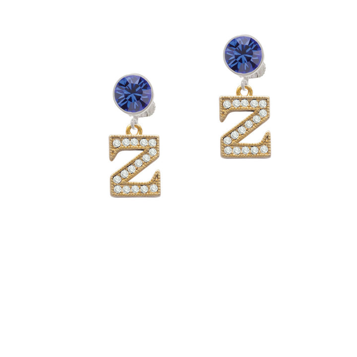 Crystal Gold Tone Initial - Z - Beaded Border - Crystal Clip On Earrings Image 7