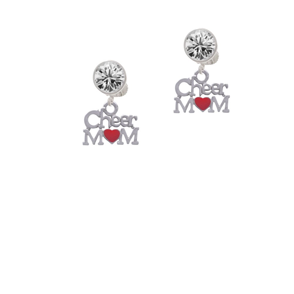 Cheer Mom with Red Heart Crystal Clip On Earrings Image 1