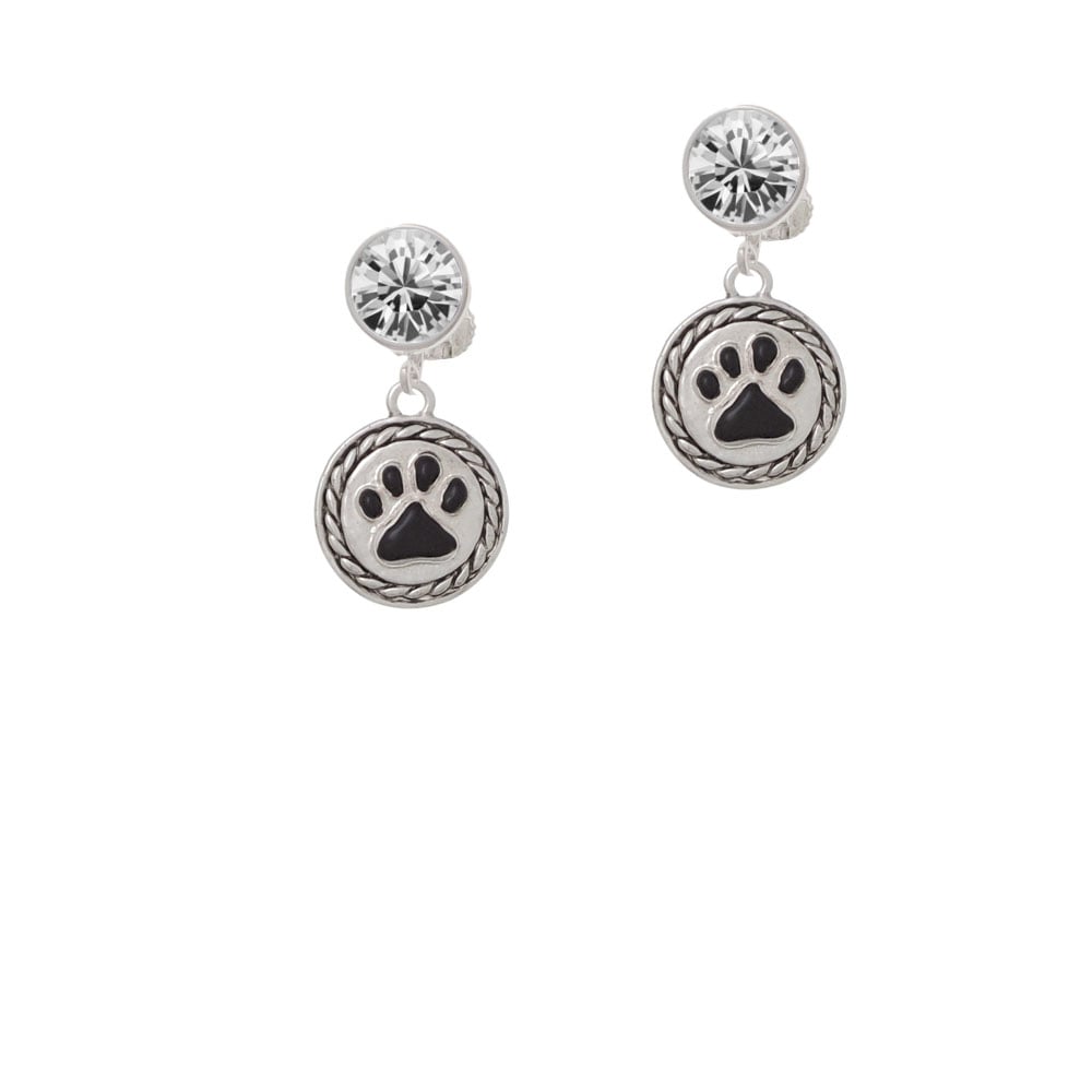 Black Paw in Rope Border Crystal Clip On Earrings Image 1