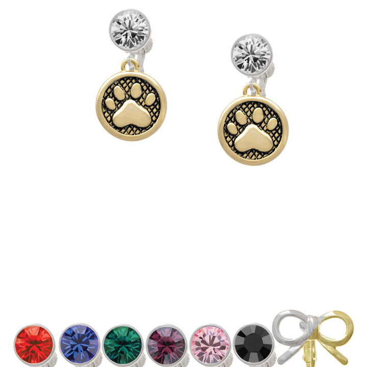 Gold Tone Paw in Circle Crystal Clip On Earrings Image 1