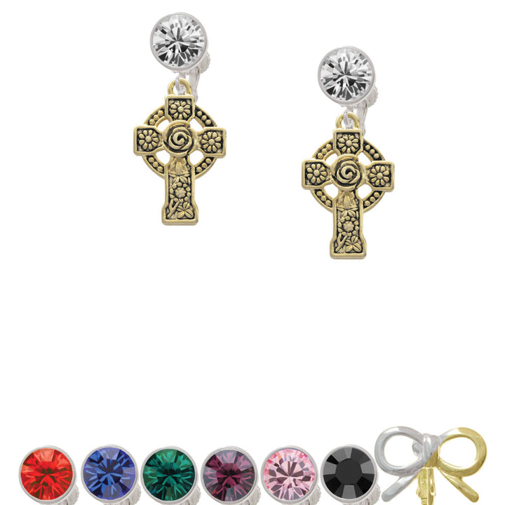 Large Gold Tone Celtic Cross Crystal Clip On Earrings Image 1