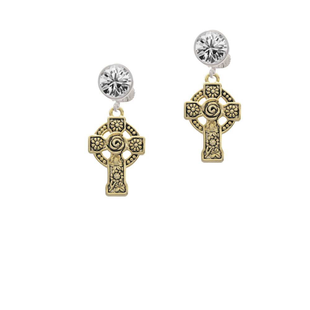 Large Gold Tone Celtic Cross Crystal Clip On Earrings Image 2