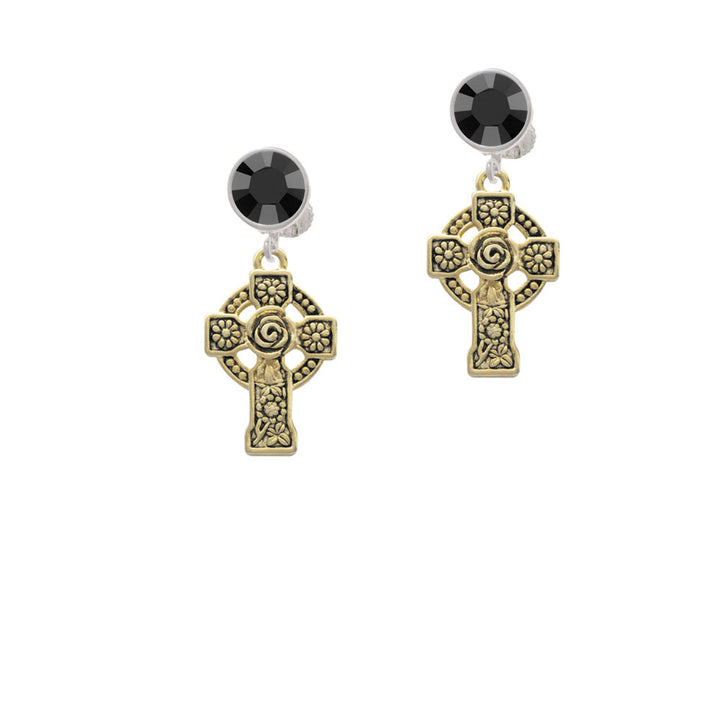 Large Gold Tone Celtic Cross Crystal Clip On Earrings Image 3