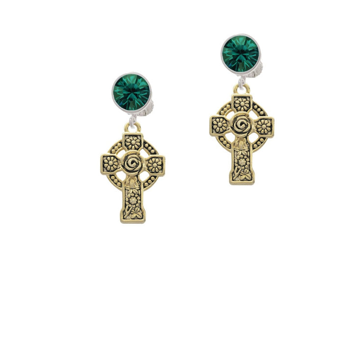 Large Gold Tone Celtic Cross Crystal Clip On Earrings Image 6