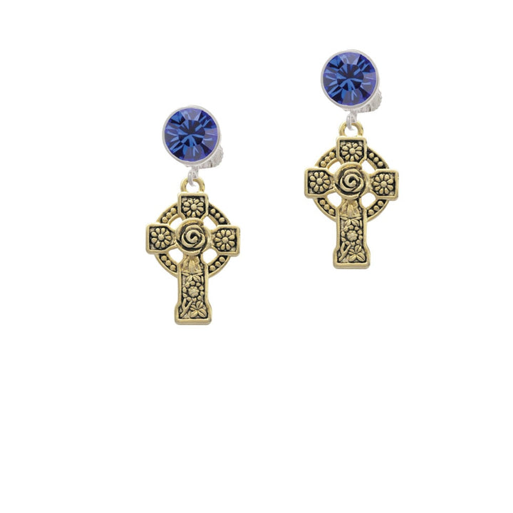 Large Gold Tone Celtic Cross Crystal Clip On Earrings Image 7