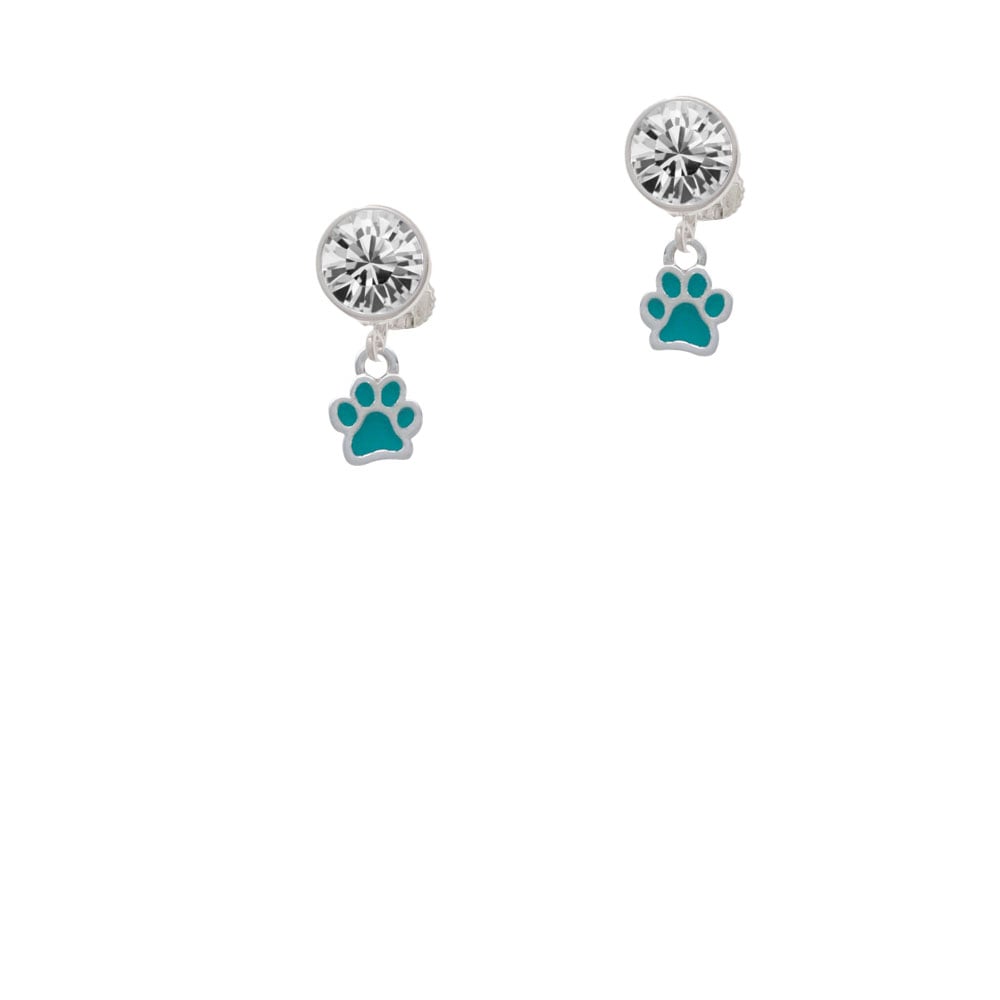 Mini Translucent Teal Paw Crystal Clip On Earrings Image 1