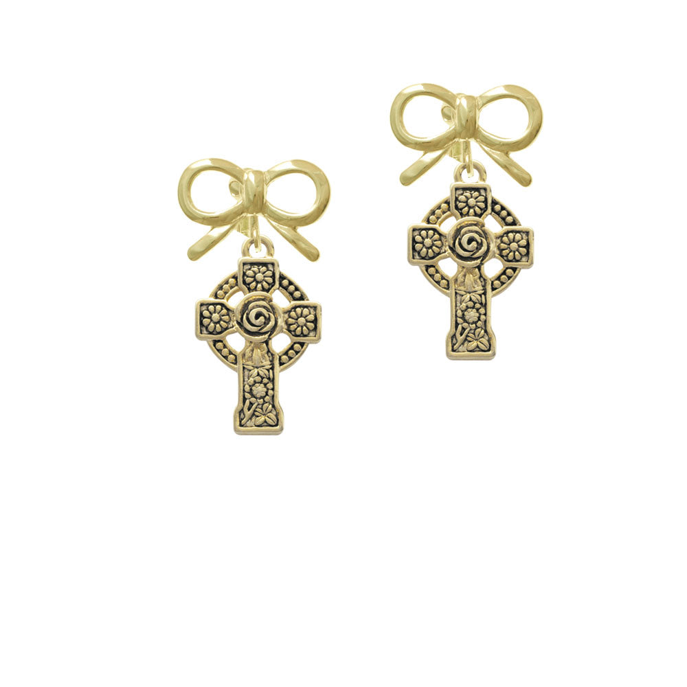 Large Gold Tone Celtic Cross Crystal Clip On Earrings Image 10