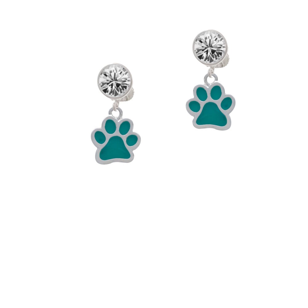 Medium Translucent Teal Paw Crystal Clip On Earrings Image 2