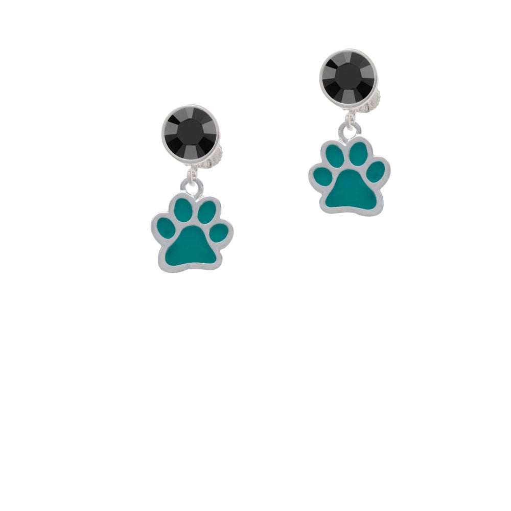 Medium Translucent Teal Paw Crystal Clip On Earrings Image 3