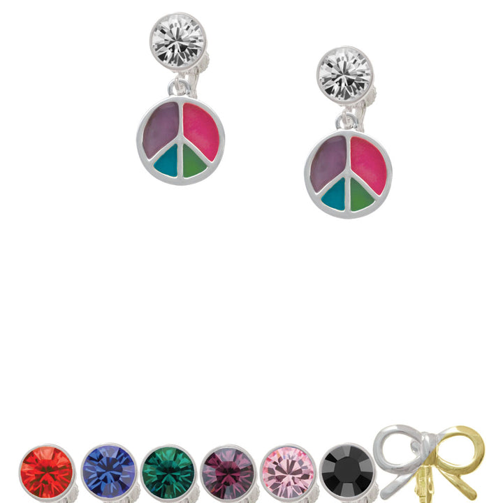 Multicolored Peace Sign Crystal Clip On Earrings Image 1