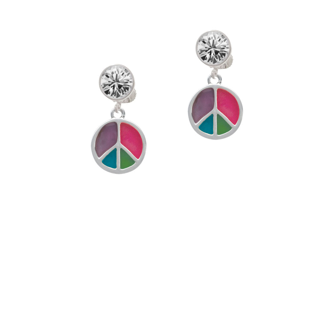 Multicolored Peace Sign Crystal Clip On Earrings Image 2