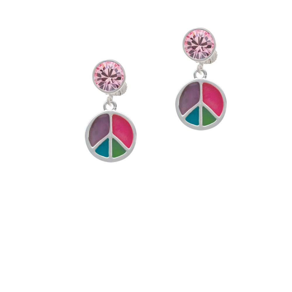 Multicolored Peace Sign Crystal Clip On Earrings Image 1