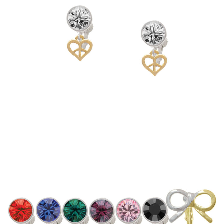 Mini Gold Tone Heart Peace Sign Crystal Clip On Earrings Image 1