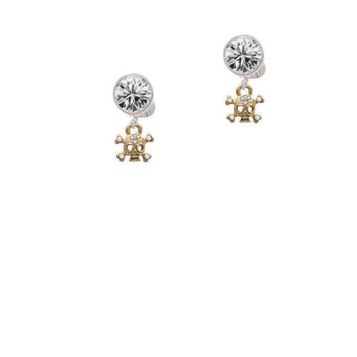 Mini Gold Tone Skull and Bones with Crystals Crystal Clip On Earrings Image 2