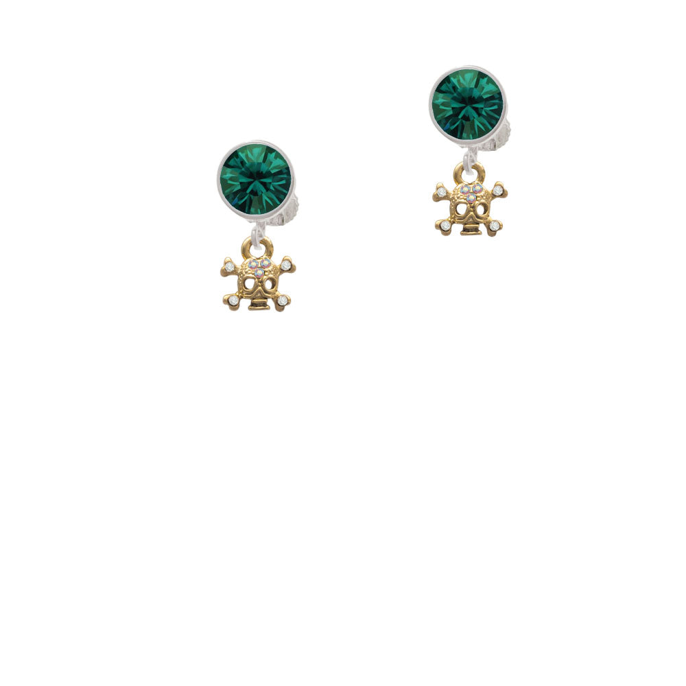 Mini Gold Tone Skull and Bones with Crystals Crystal Clip On Earrings Image 6