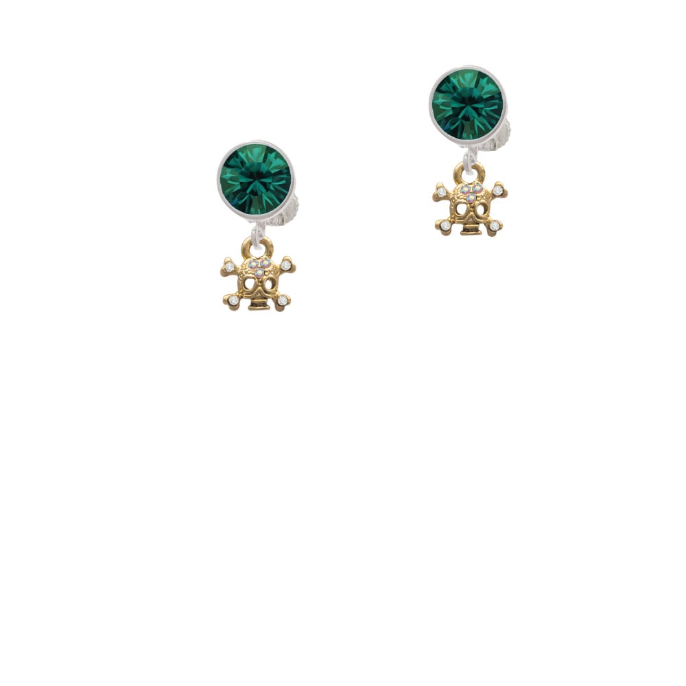 Mini Gold Tone Skull and Bones with Crystals Crystal Clip On Earrings Image 1