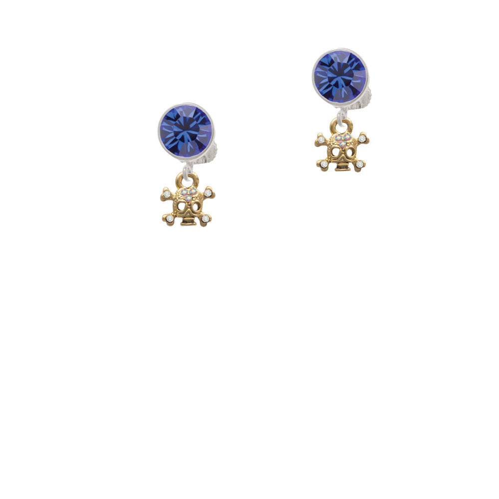 Mini Gold Tone Skull and Bones with Crystals Crystal Clip On Earrings Image 7