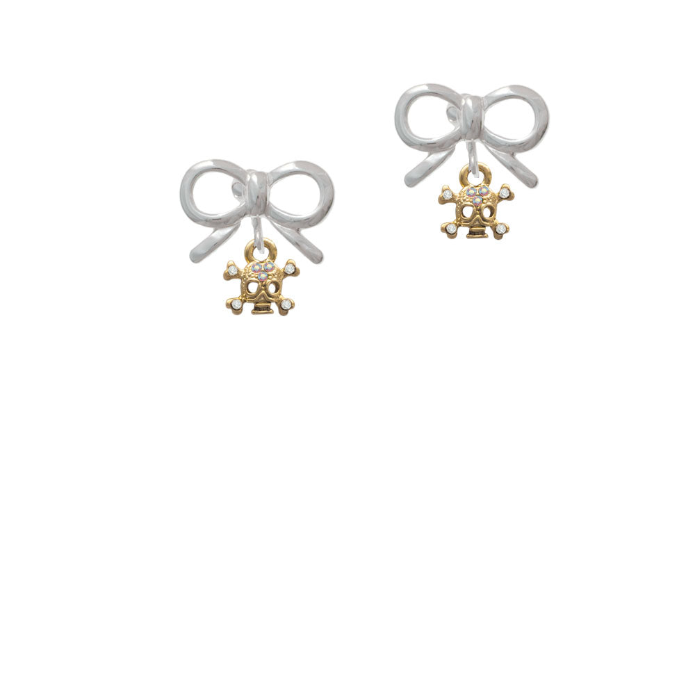 Mini Gold Tone Skull and Bones with Crystals Crystal Clip On Earrings Image 9