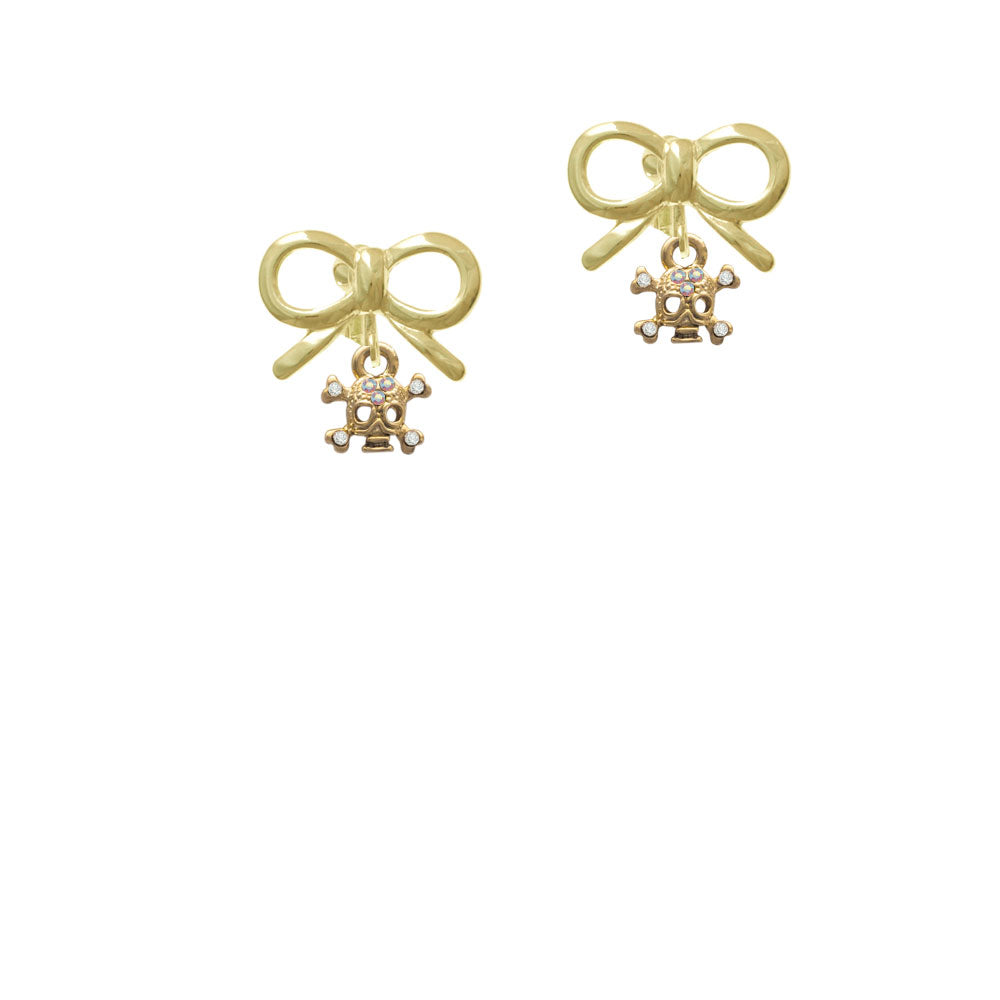 Mini Gold Tone Skull and Bones with Crystals Crystal Clip On Earrings Image 10