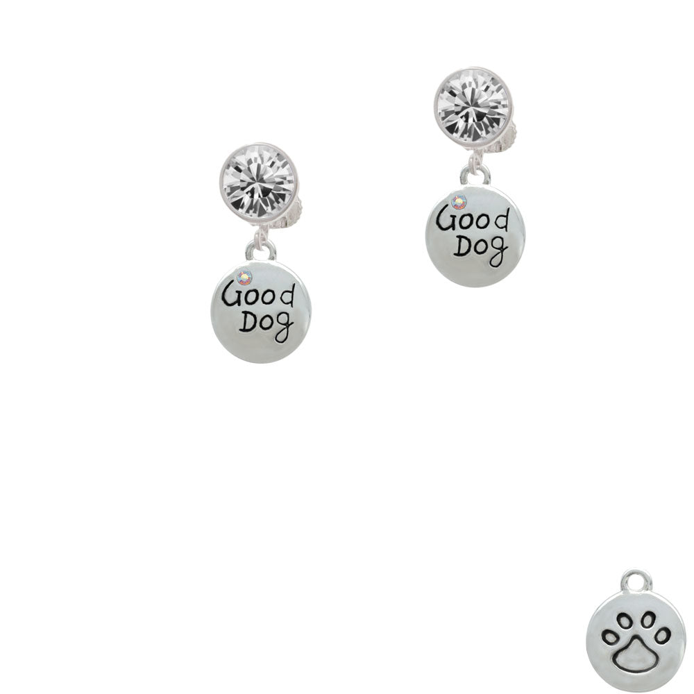 Good Dog with AB Crystal and Paw Print Crystal Clip On Earrings Image 2