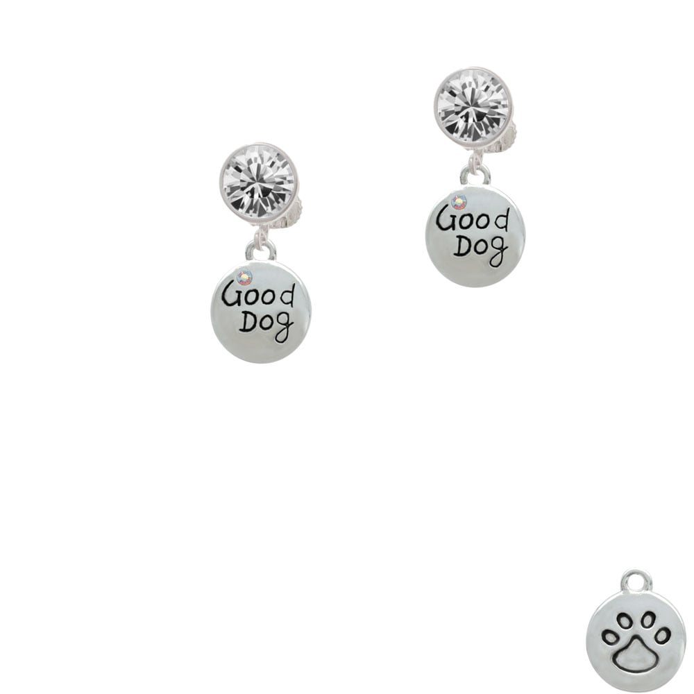 Good Dog with AB Crystal and Paw Print Crystal Clip On Earrings Image 1