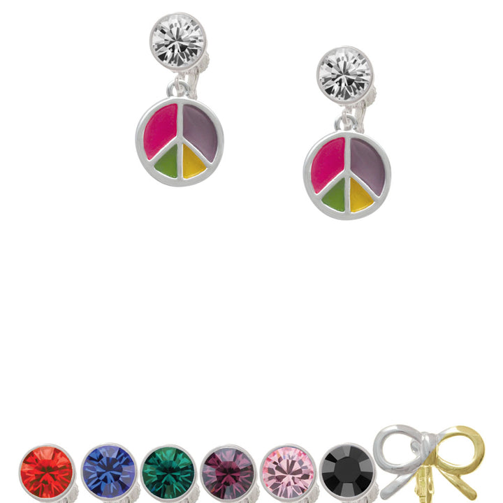 Bright Multicolored Peace Sign Crystal Clip On Earrings Image 1