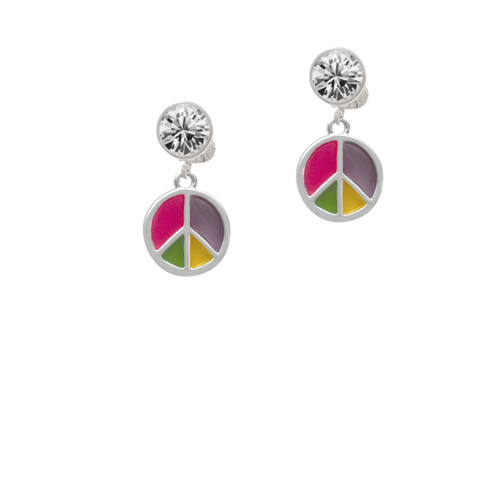 Bright Multicolored Peace Sign Crystal Clip On Earrings Image 2