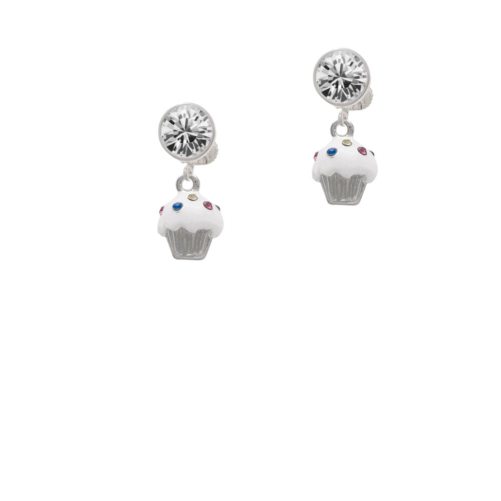 Small White Cupcake with Crystal Sprinkles Crystal Clip On Earrings Image 1