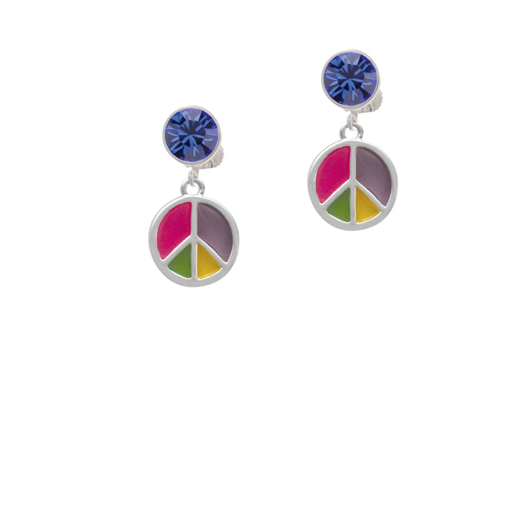 Bright Multicolored Peace Sign Crystal Clip On Earrings Image 1