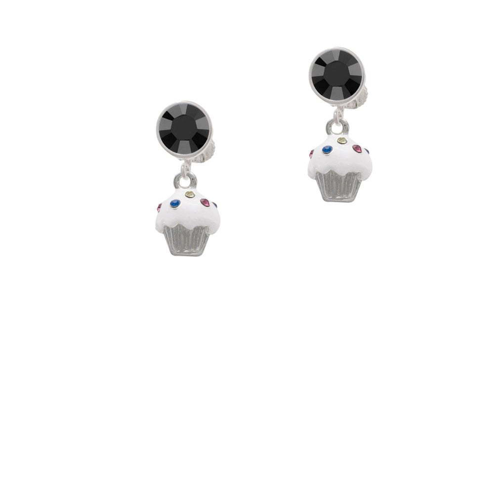 Small White Cupcake with Crystal Sprinkles Crystal Clip On Earrings Image 1