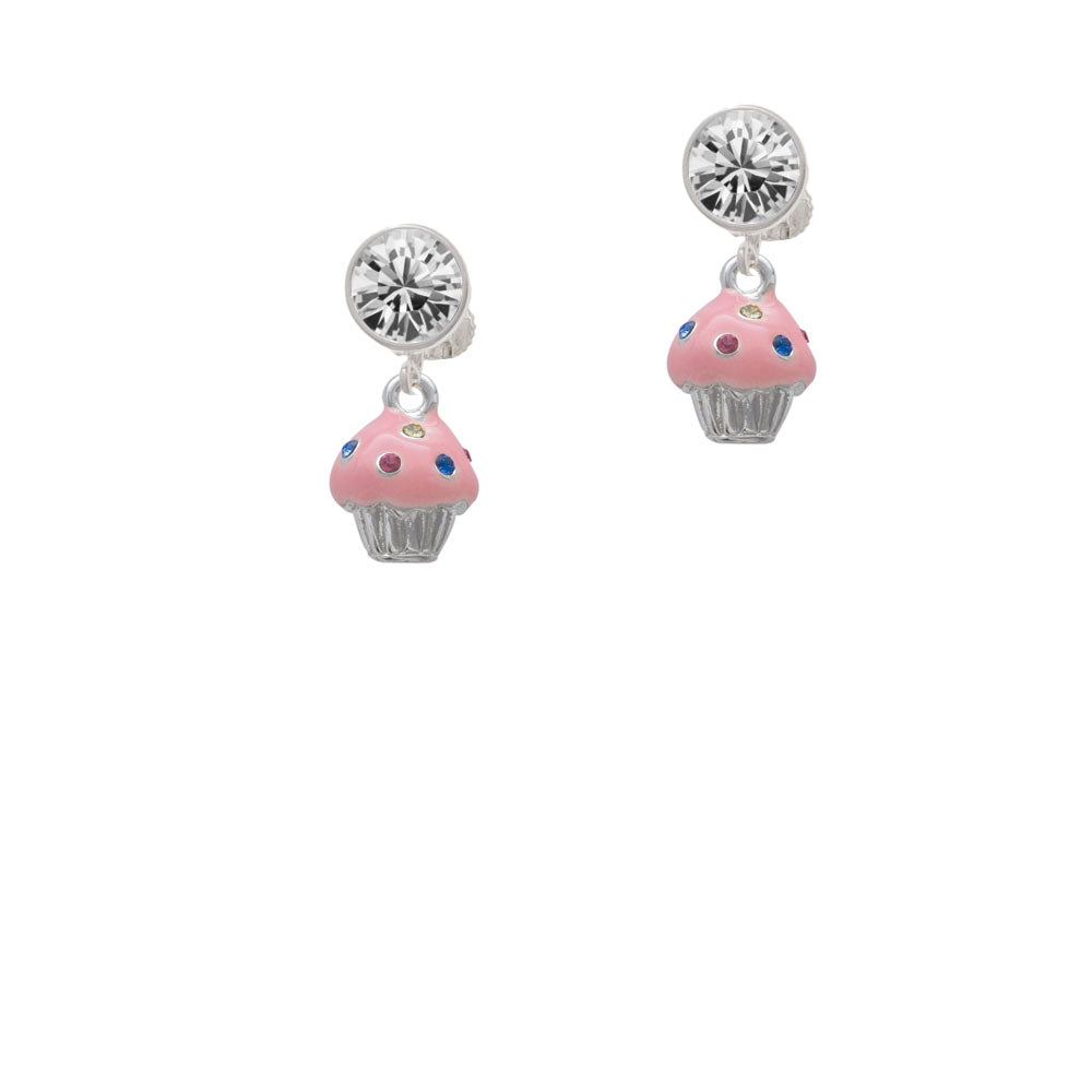 Small Pink Cupcake with Crystal Sprinkles Crystal Clip On Earrings Image 2