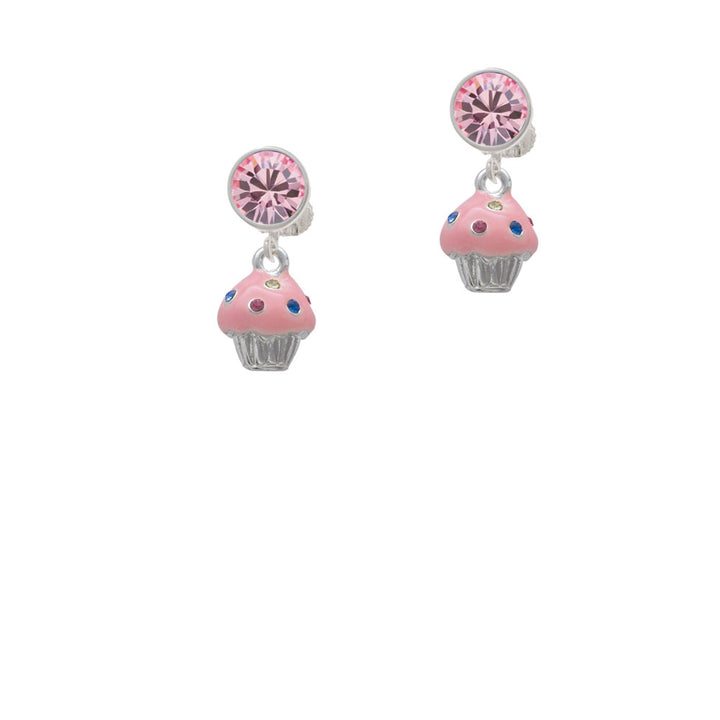 Small Pink Cupcake with Crystal Sprinkles Crystal Clip On Earrings Image 4