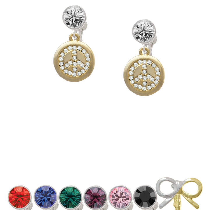 Gold Tone Disc with Crystal Peace Sign Crystal Clip On Earrings Image 1