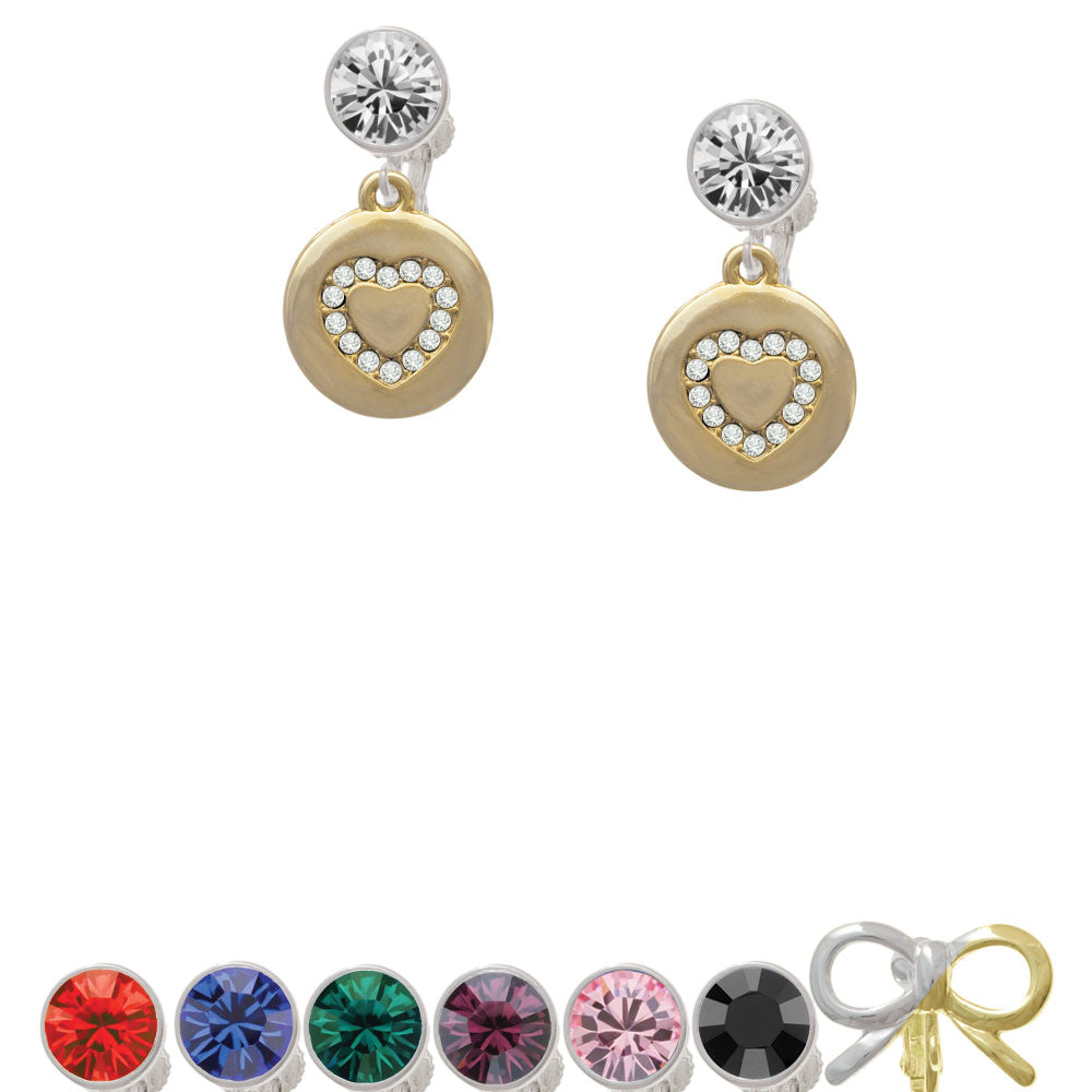 Gold Tone Disc with Crystal Heart Crystal Clip On Earrings Image 1