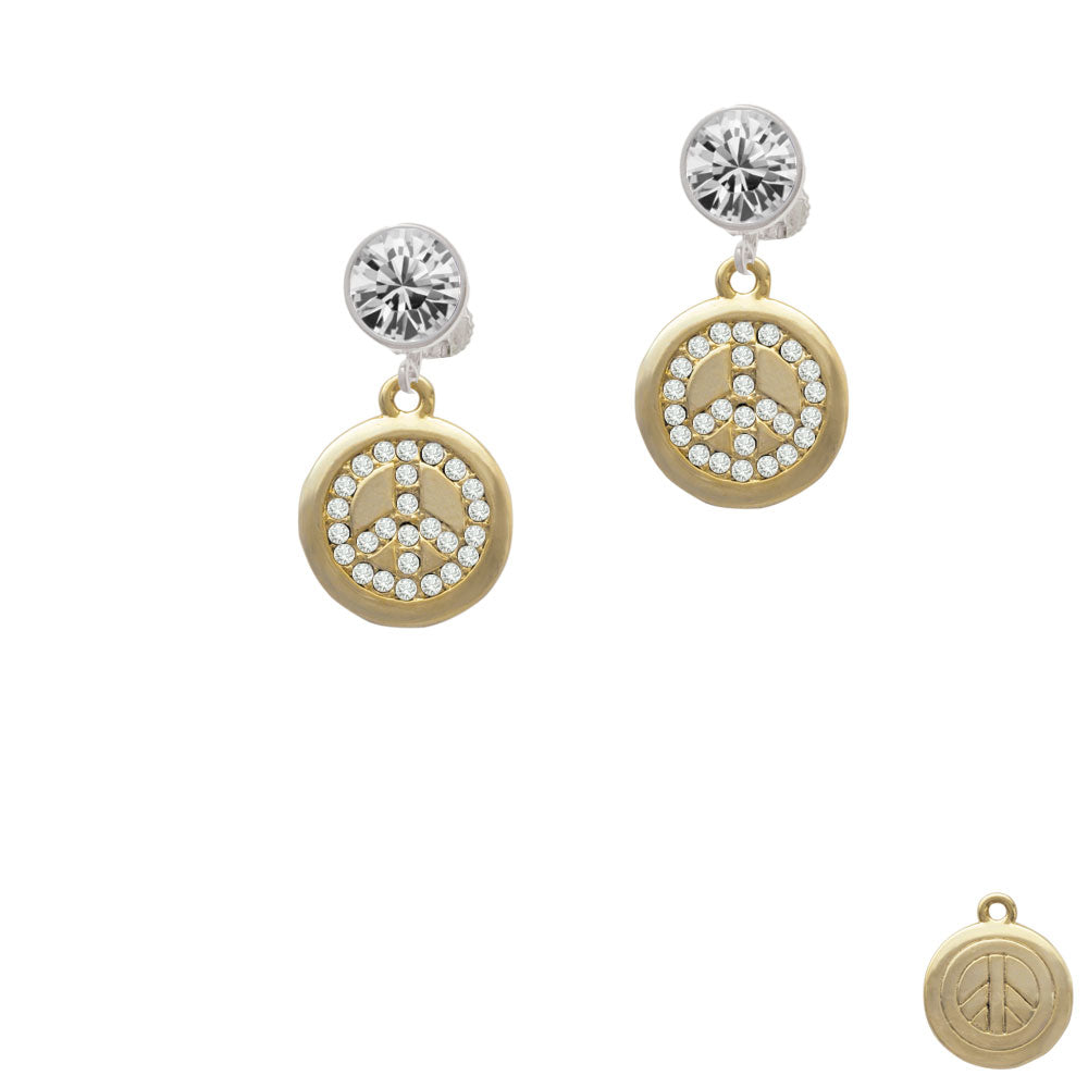 Gold Tone Disc with Crystal Peace Sign Crystal Clip On Earrings Image 2