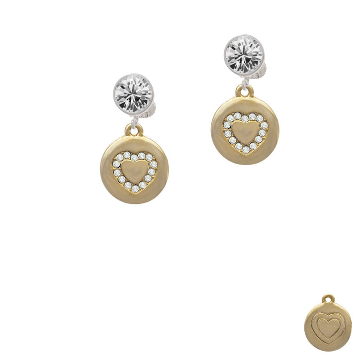 Gold Tone Disc with Crystal Heart Crystal Clip On Earrings Image 2