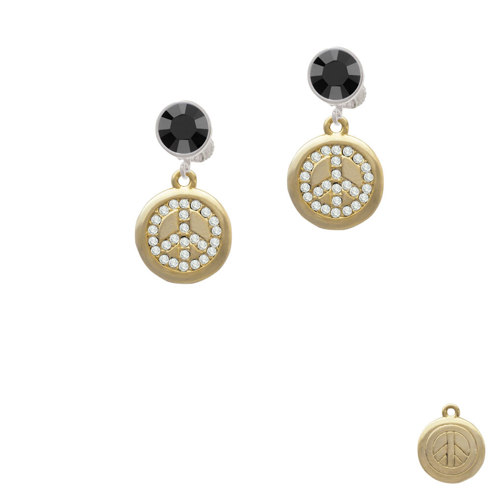 Gold Tone Disc with Crystal Peace Sign Crystal Clip On Earrings Image 3