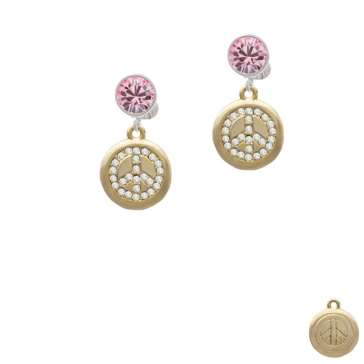 Gold Tone Disc with Crystal Peace Sign Crystal Clip On Earrings Image 4