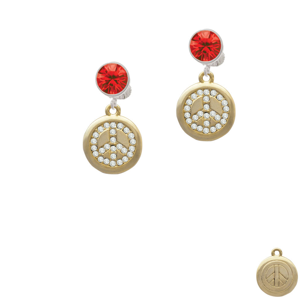 Gold Tone Disc with Crystal Peace Sign Crystal Clip On Earrings Image 4