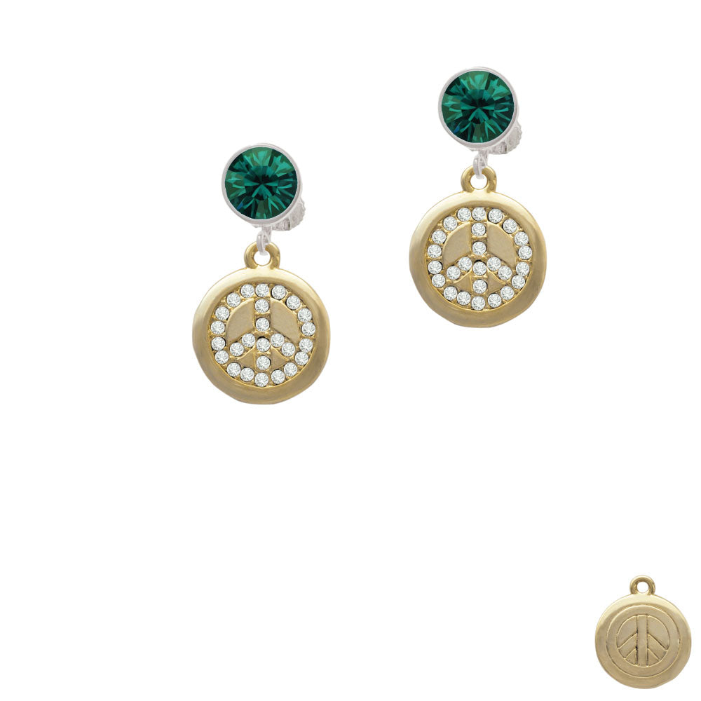 Gold Tone Disc with Crystal Peace Sign Crystal Clip On Earrings Image 6