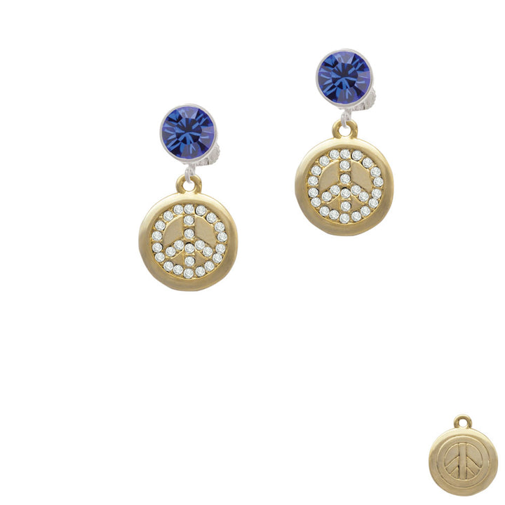 Gold Tone Disc with Crystal Peace Sign Crystal Clip On Earrings Image 7