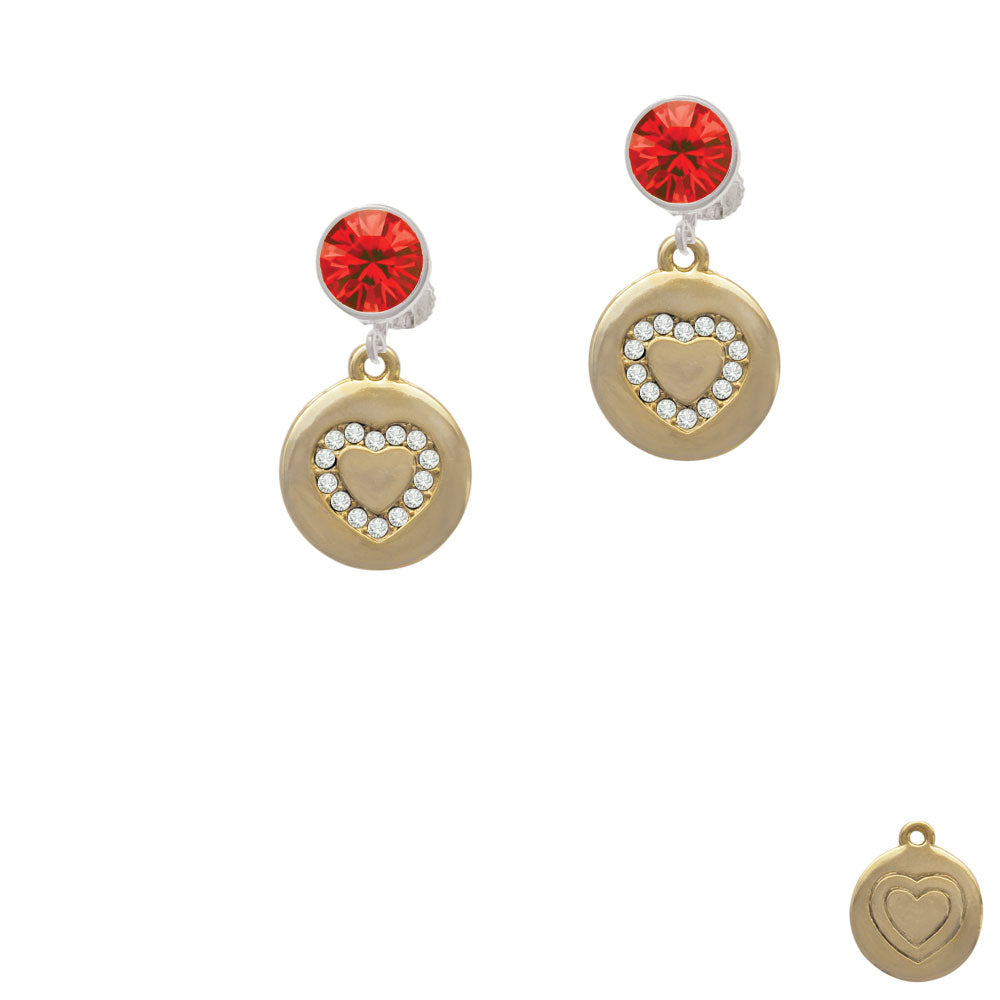 Gold Tone Disc with Crystal Heart Crystal Clip On Earrings Image 4