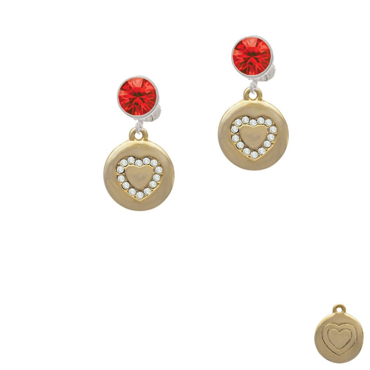 Gold Tone Disc with Crystal Heart Crystal Clip On Earrings Image 1