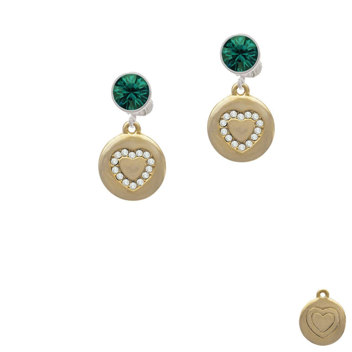 Gold Tone Disc with Crystal Heart Crystal Clip On Earrings Image 6