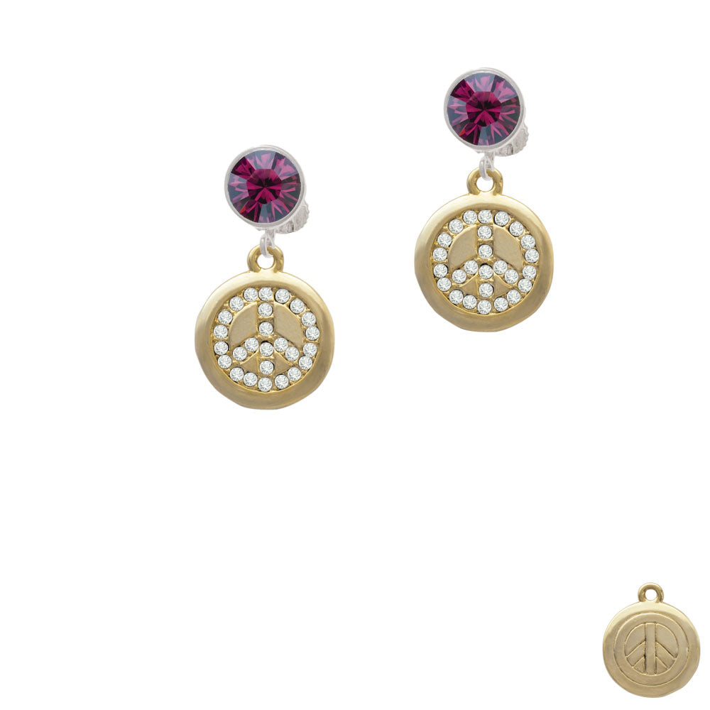 Gold Tone Disc with Crystal Peace Sign Crystal Clip On Earrings Image 8