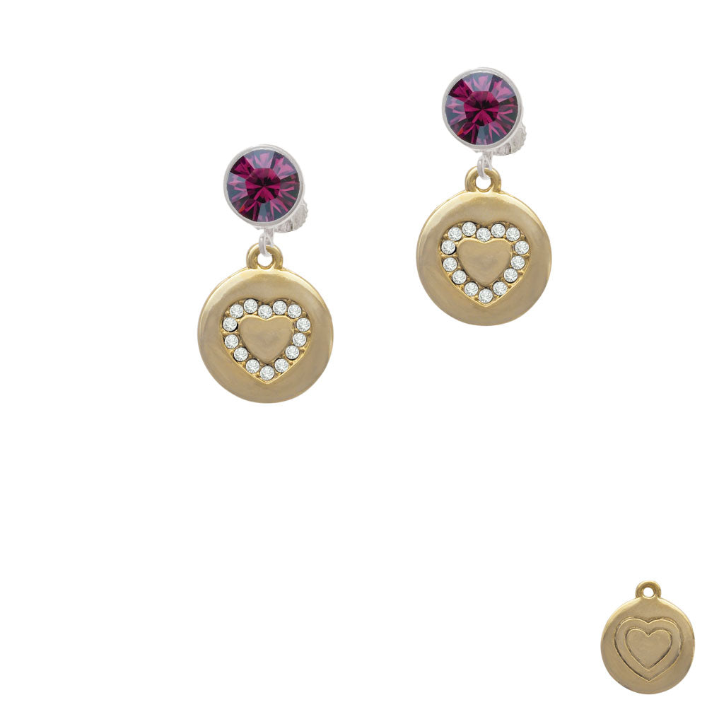 Gold Tone Disc with Crystal Heart Crystal Clip On Earrings Image 8